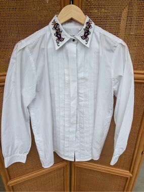 Vintage Embroidered Pleated Collar Women Button Down Cottagecore Boho Collegiate